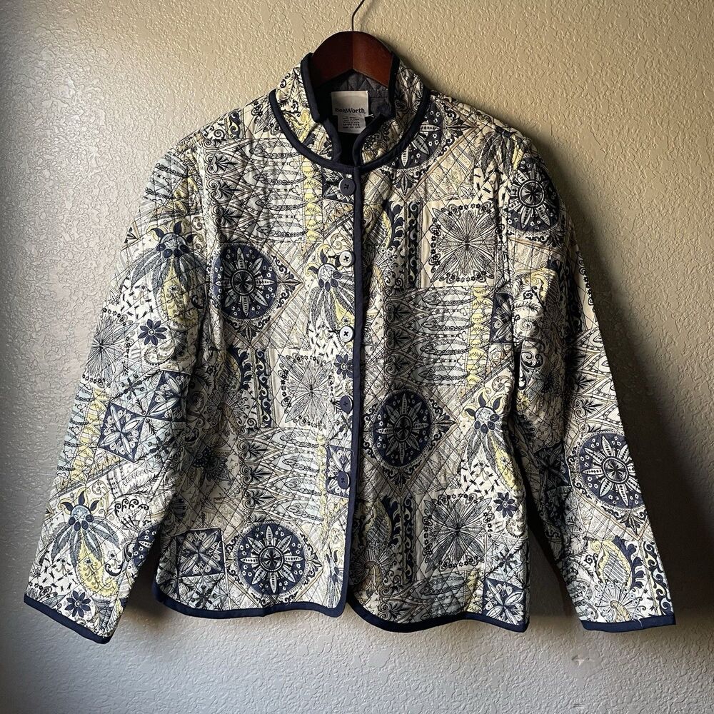 BonWorth Medium Petite PM Navy Blue Quilted Jacket Paisley Cottagecore Patchwork